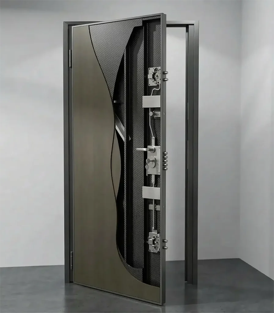 internal structure of an armoured door with multipoint lock and steel reinforcements