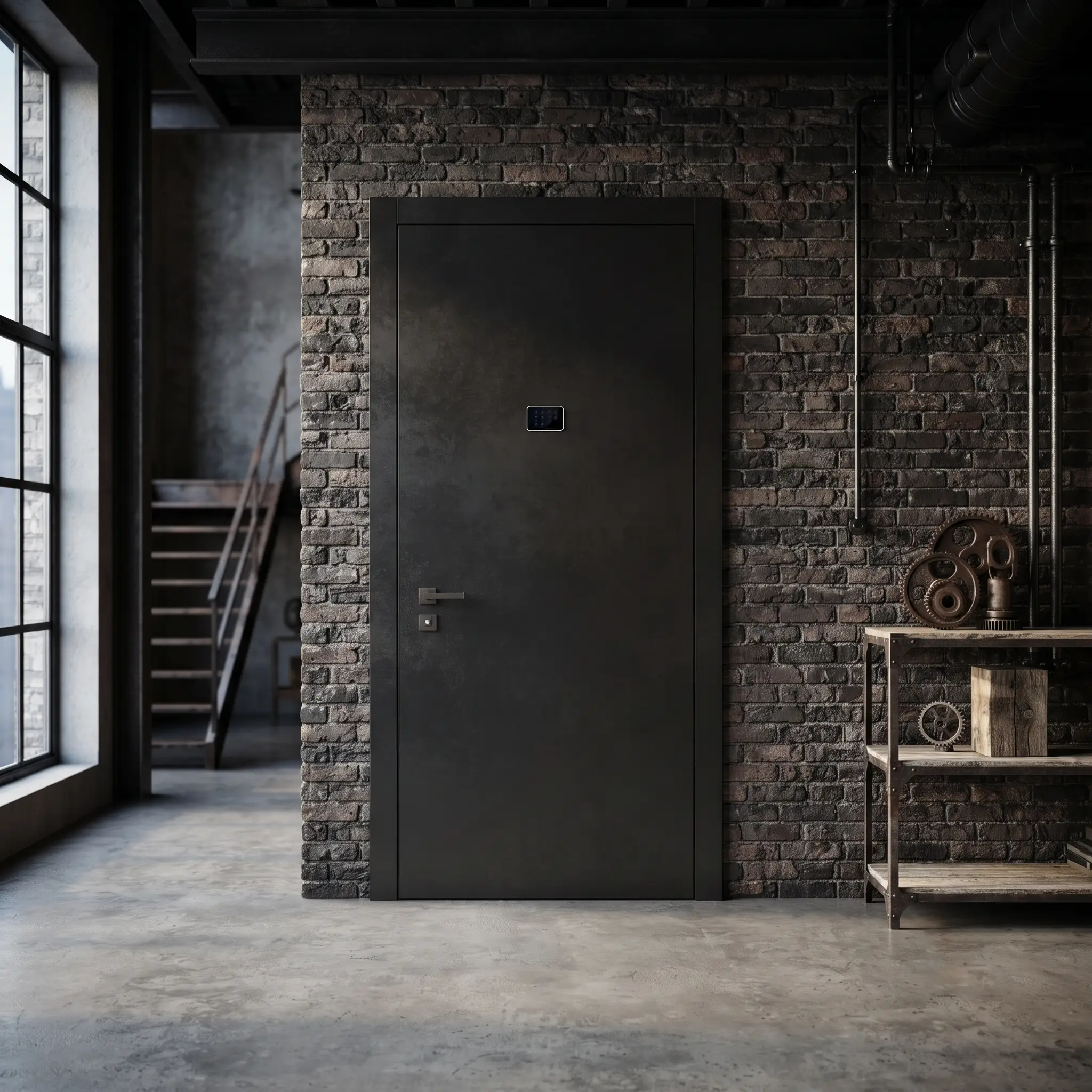 Black armoured door in an industrial loft with exposed brick