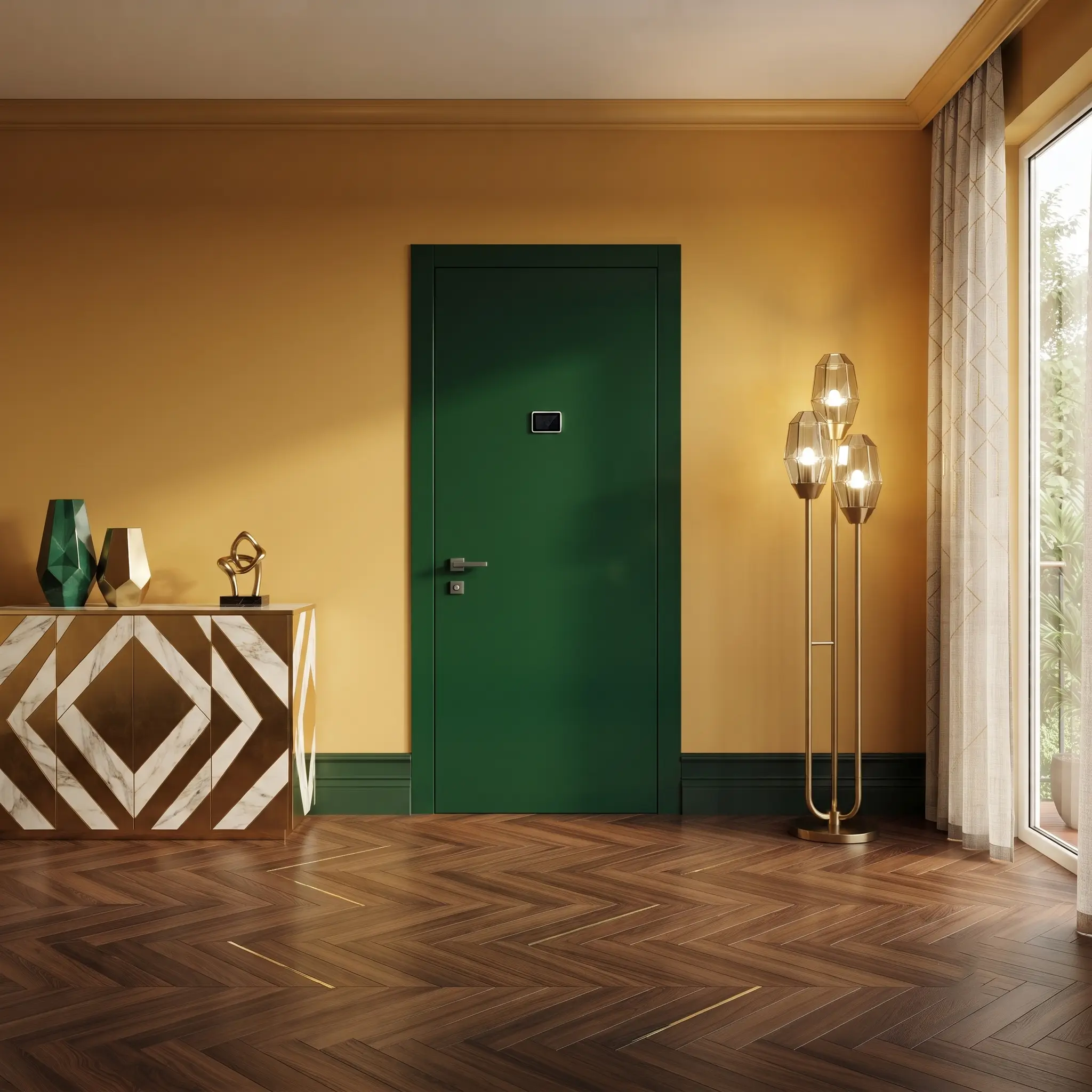 Emerald green armoured door with brass details in an Art Deco entrance