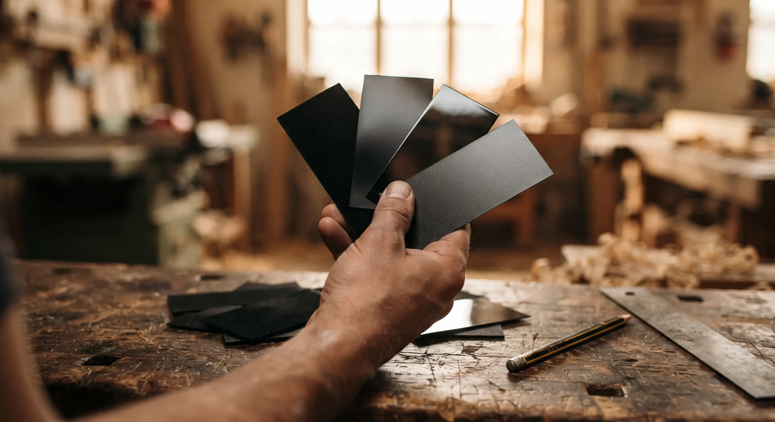Matt, satin and gloss black samples for a black armoured door