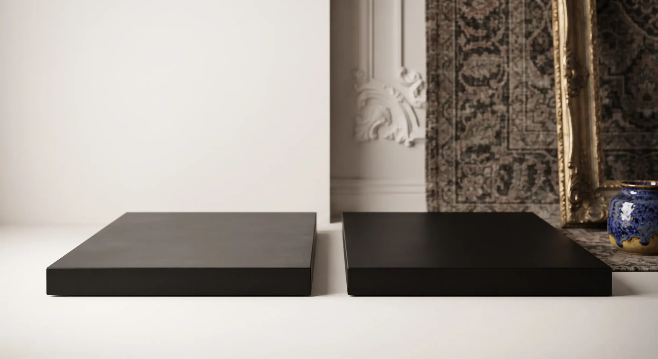 Black armoured door panels in a minimalist setting and in an eclectic setting