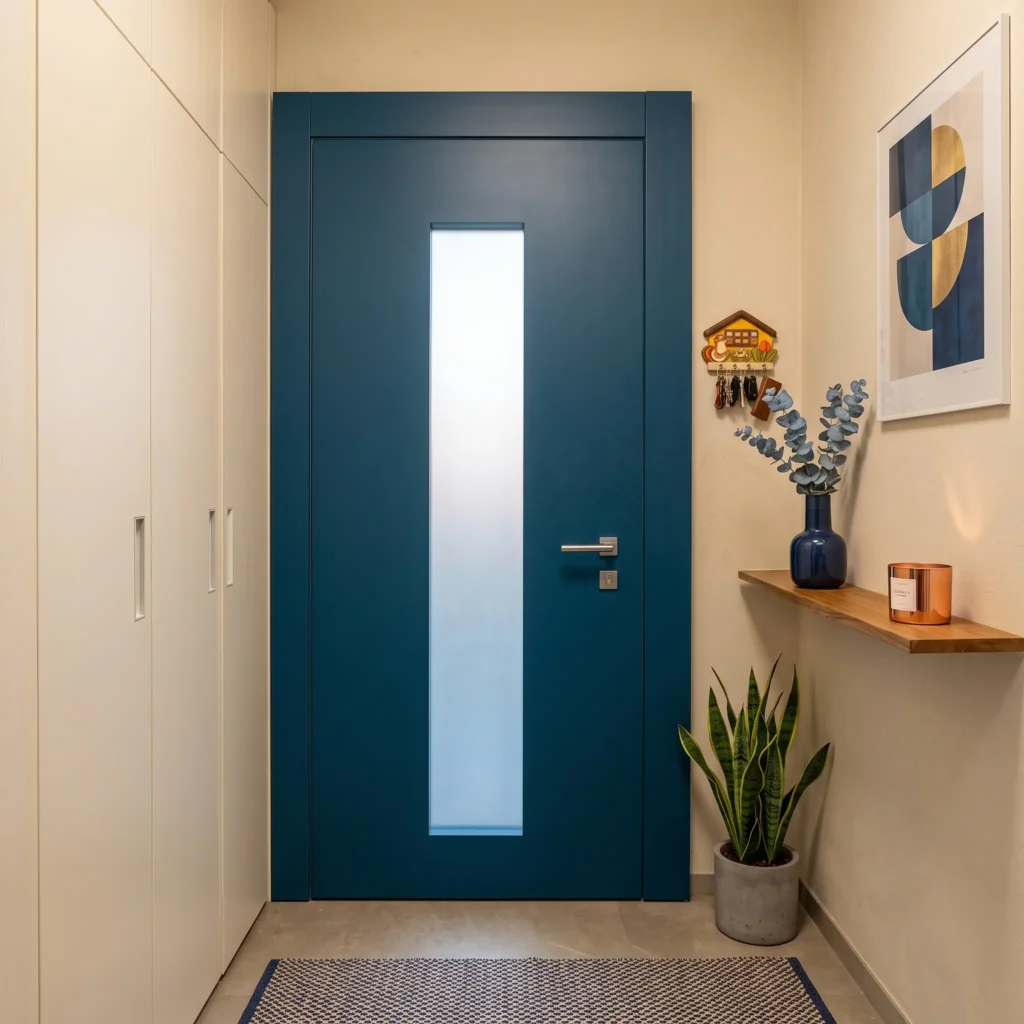 blue external armoured door with glass