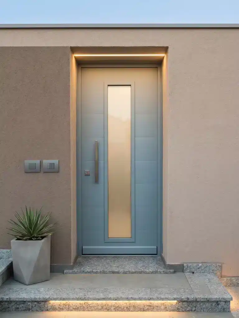 grey armoured door with glass