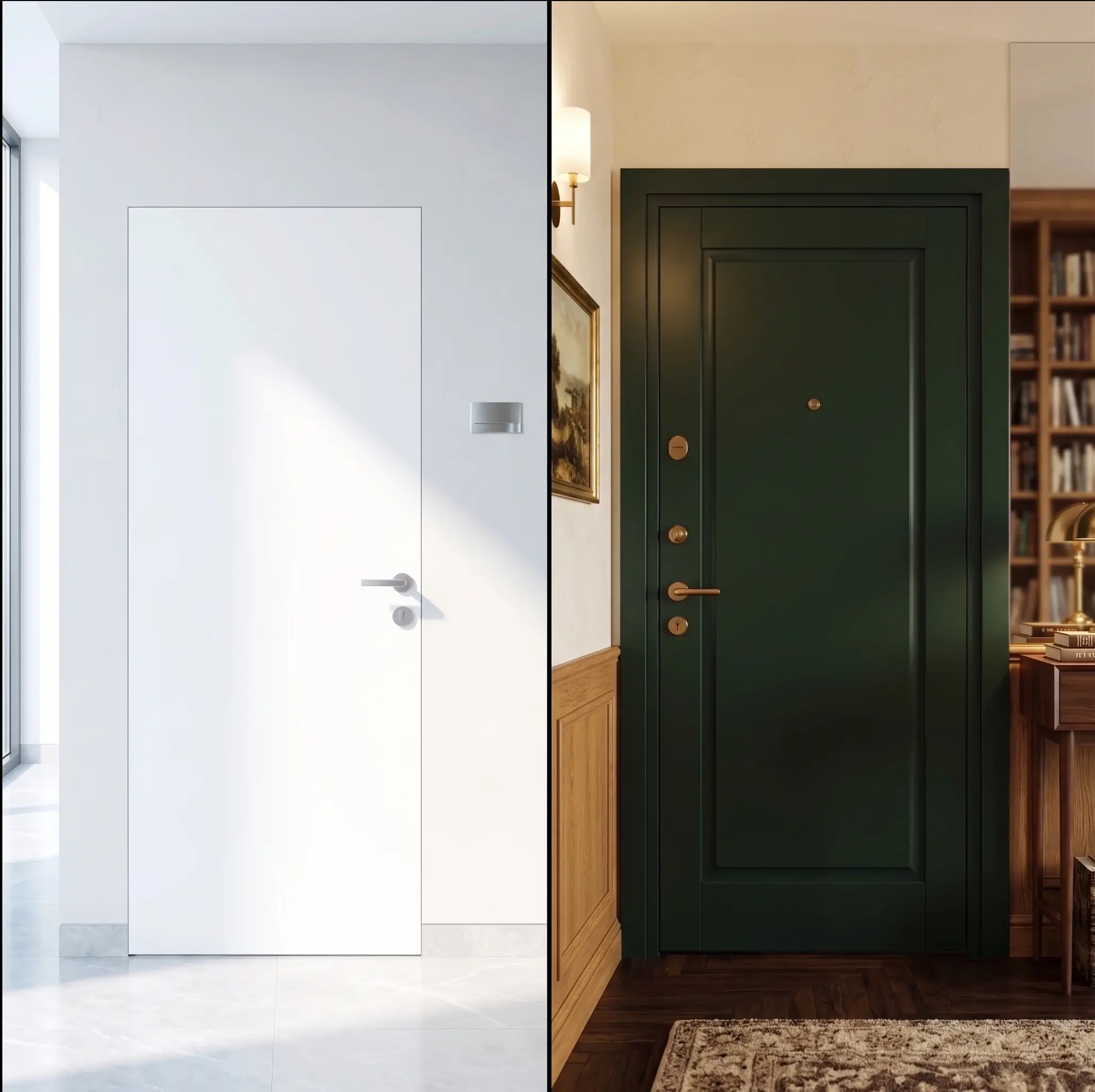 white outside and dark green inside armoured door