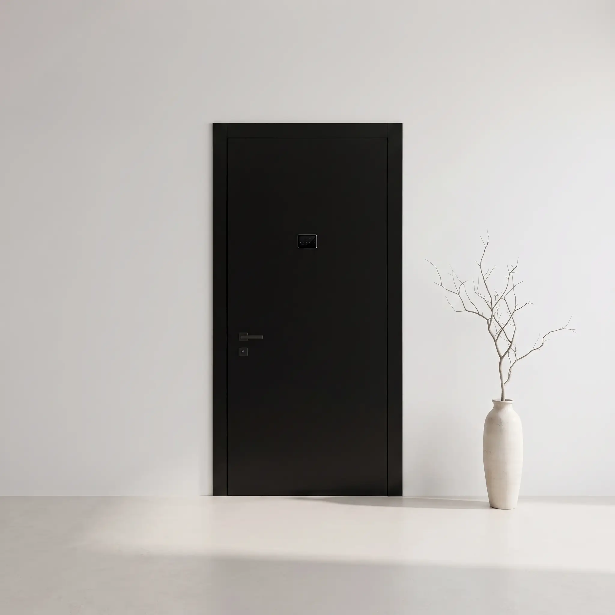 Matt jet black RAL 9005 armoured door in a minimal chic entrance