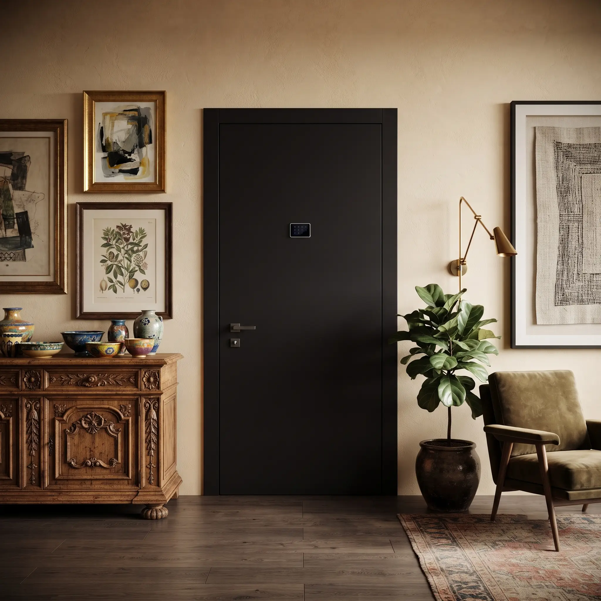 Matt black armoured door in a contemporary eclectic entrance