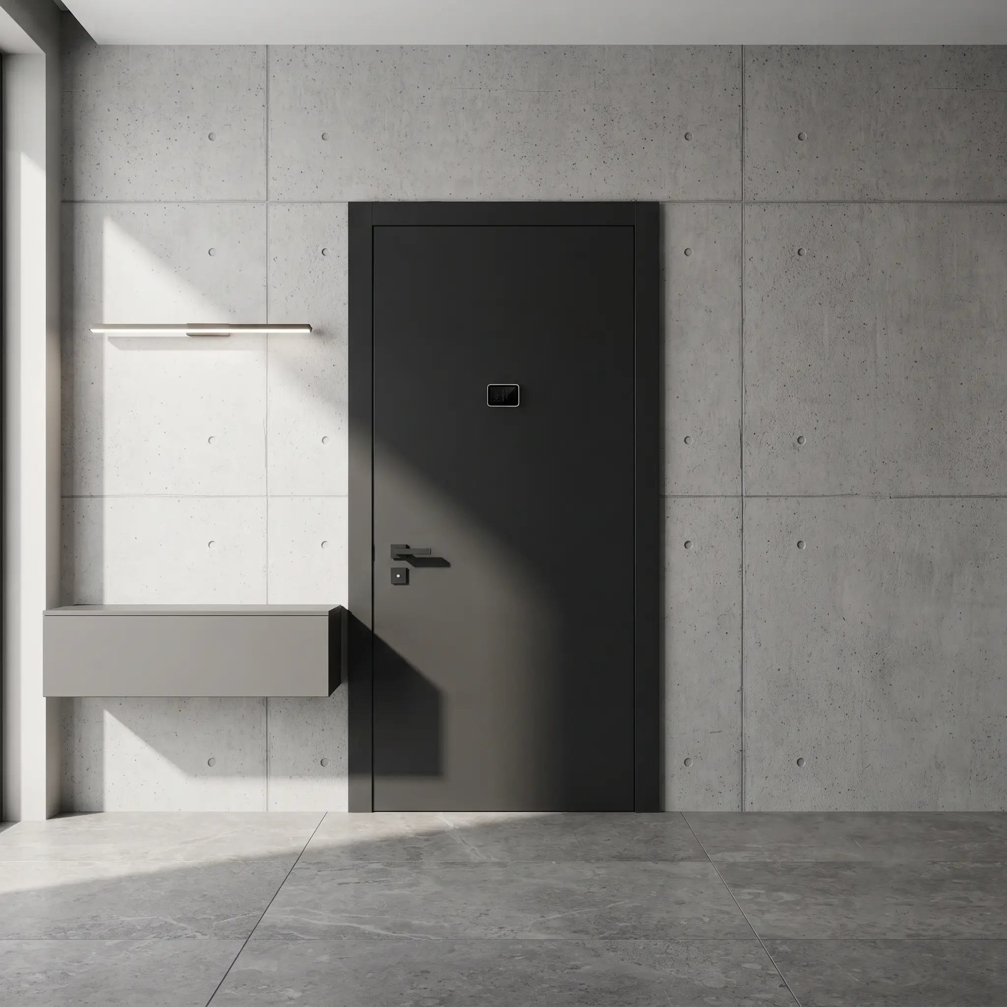 Graphite black RAL 9011 armoured door in a modern entrance