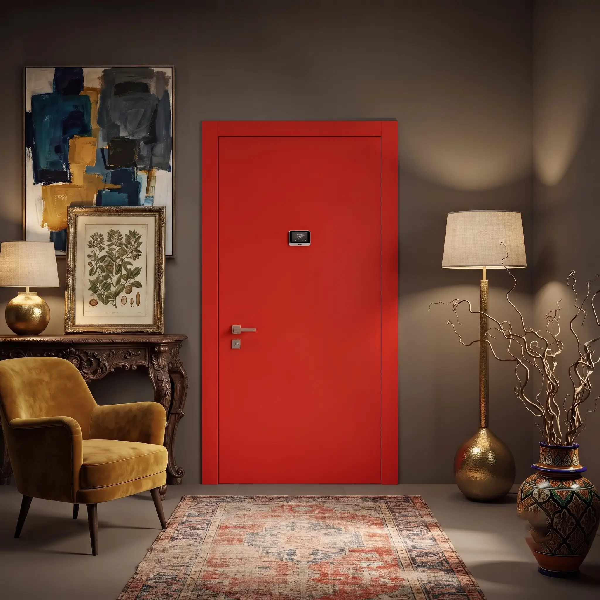 Bright red armoured door in an eclectic entrance