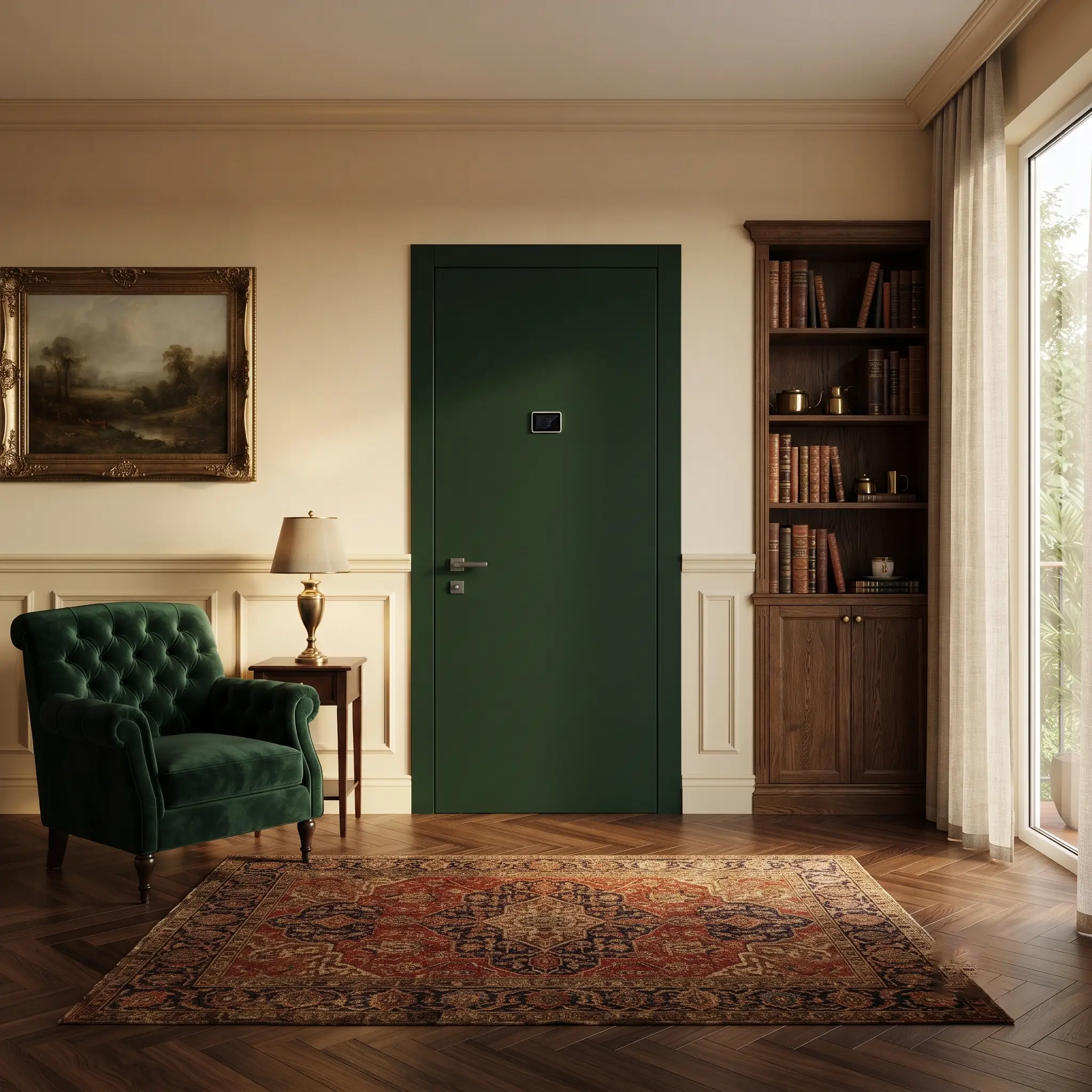 Bottle green RAL 6007 armoured door in a classic English entrance