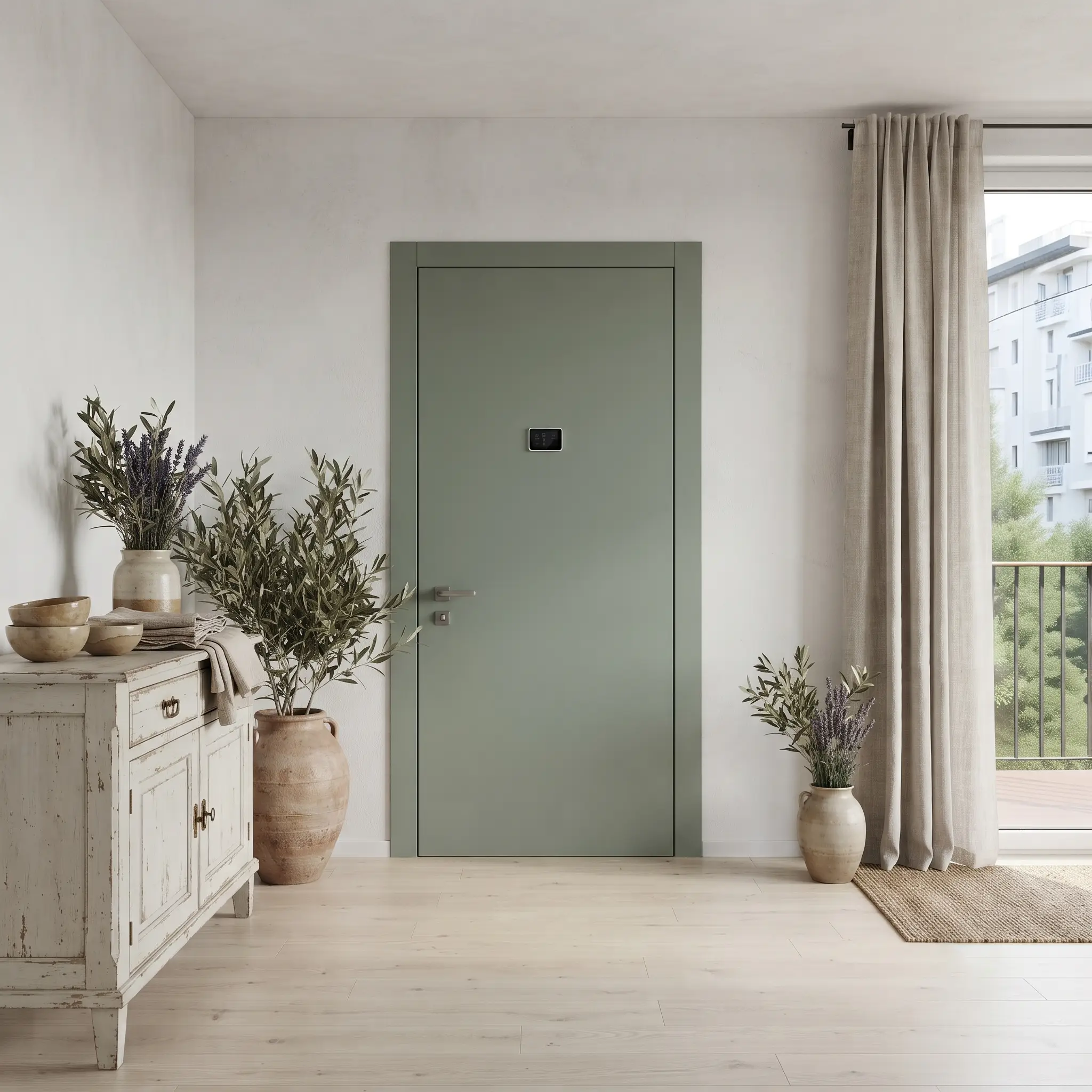 Sage green RAL 6021 armoured door in a Provencal shabby chic entrance