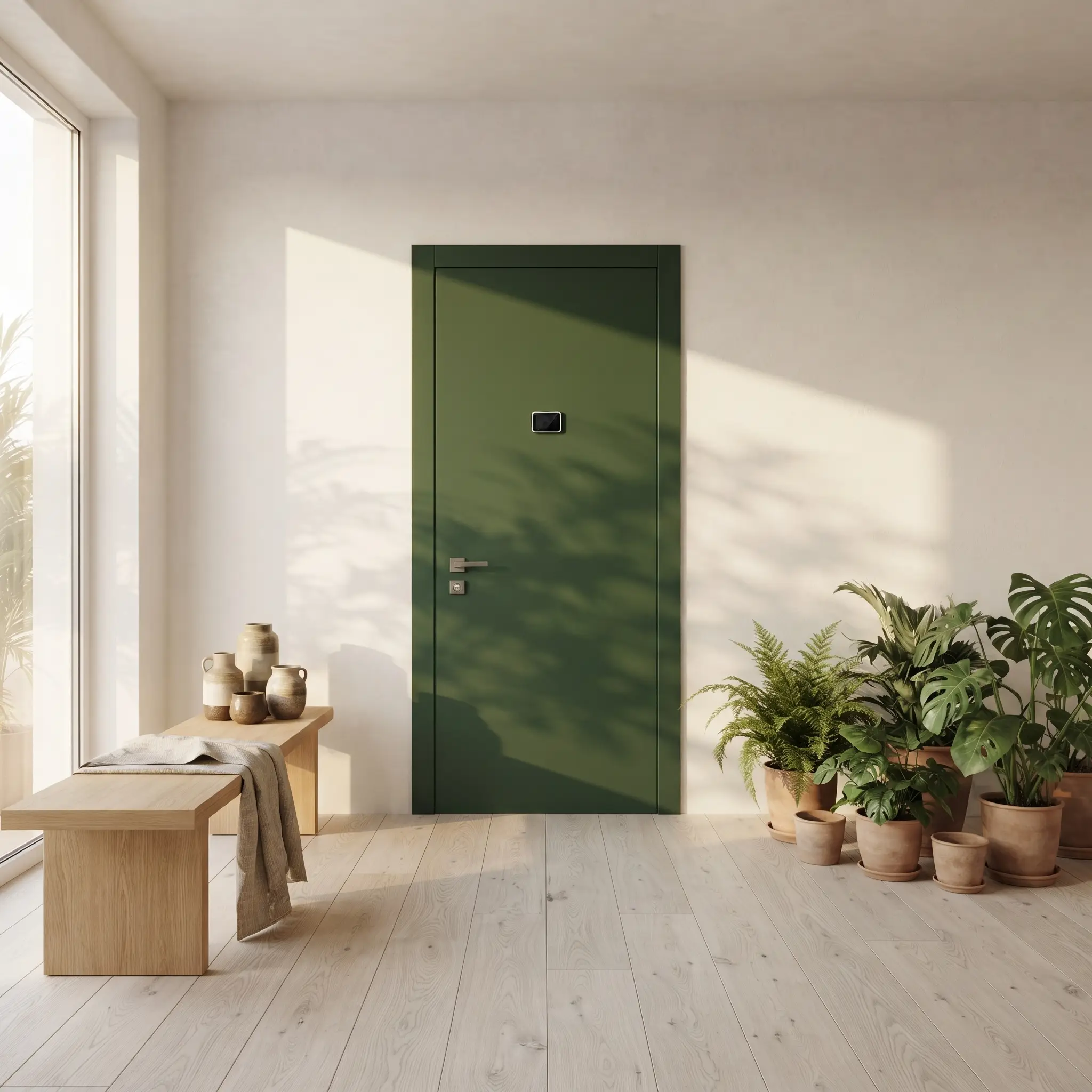 Moss green RAL 6005 armoured door on pale wood in a biophilic entrance