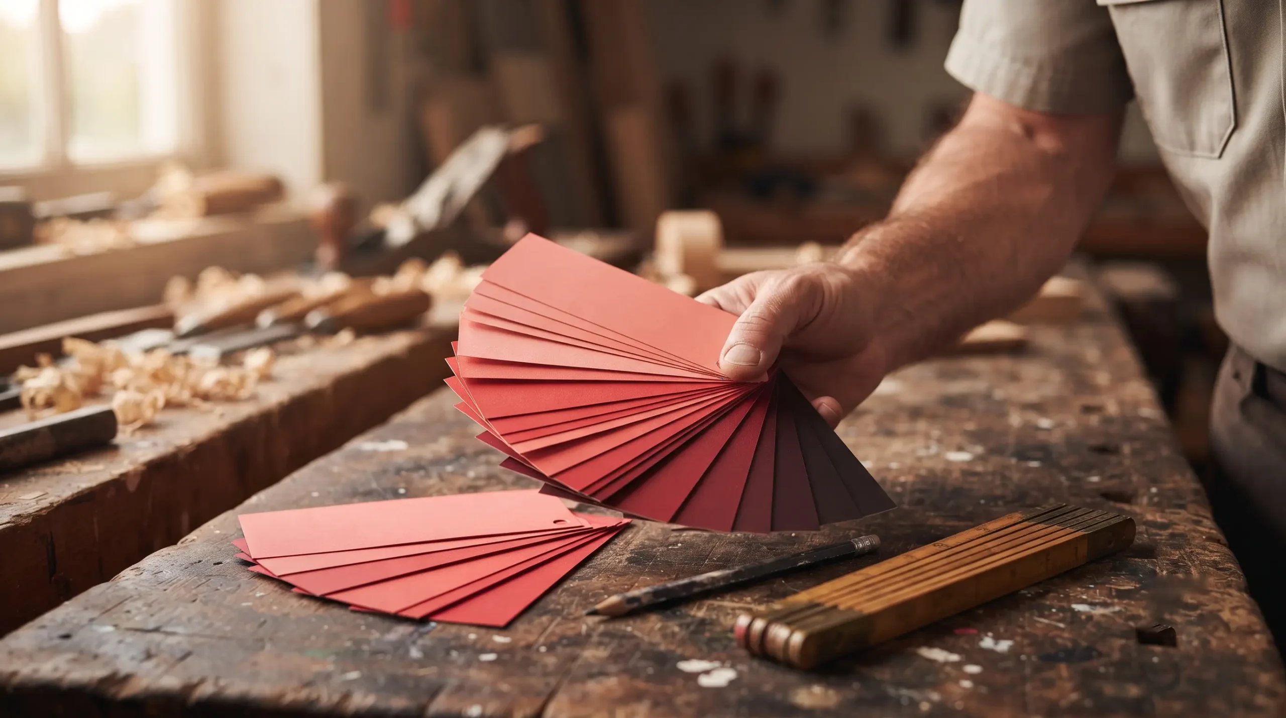 Fan of samples showing the range of reds for an armoured door