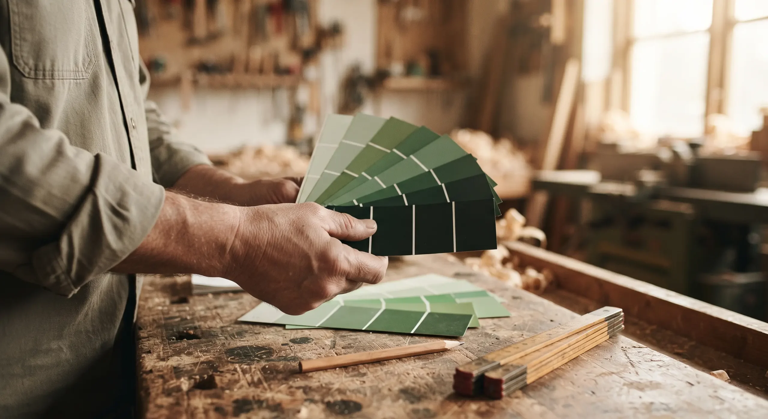 Fan of samples showing the shades of green for an armoured door