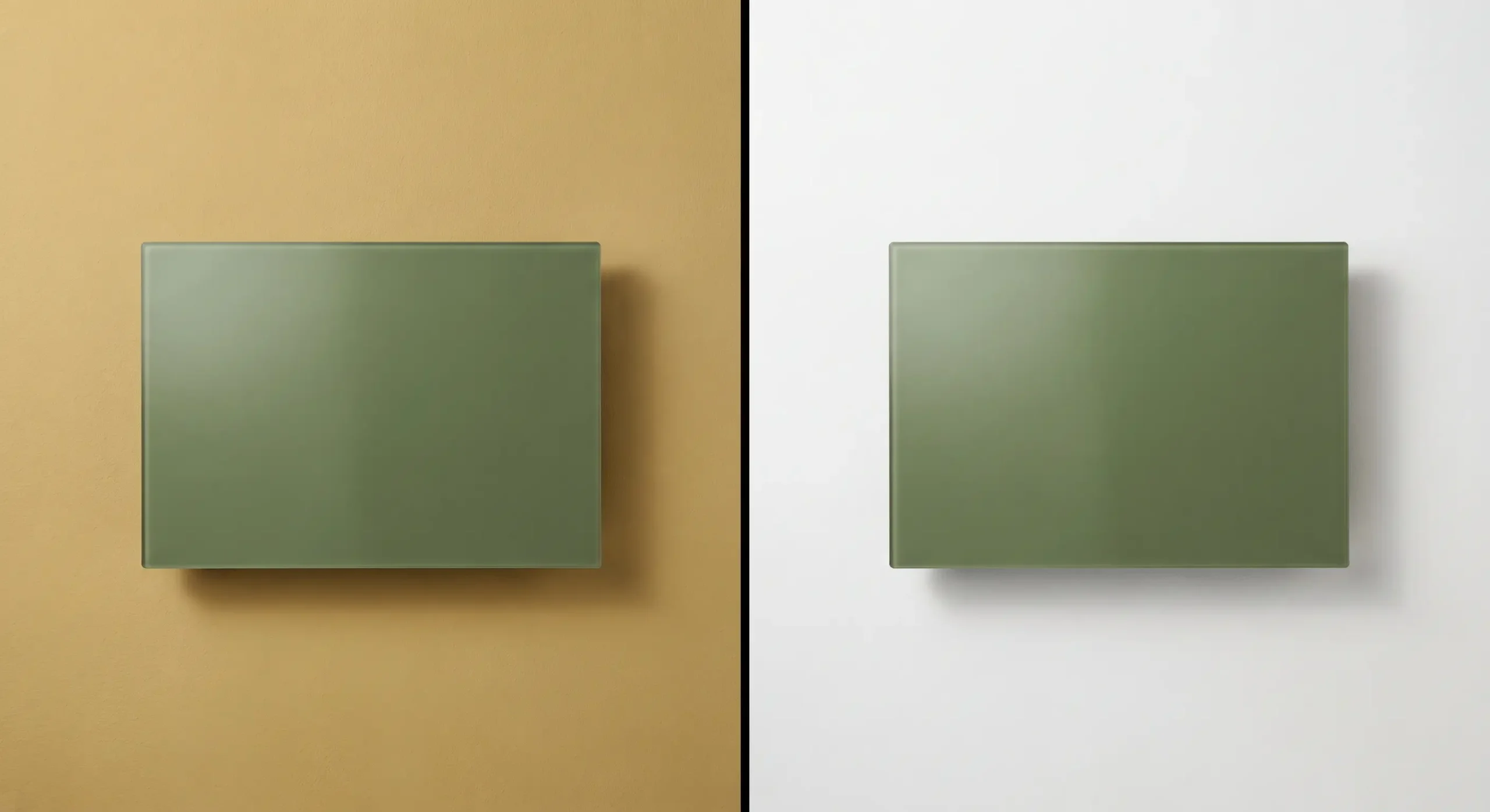 The same green panel compared against an ochre yellow wall and a white wall
